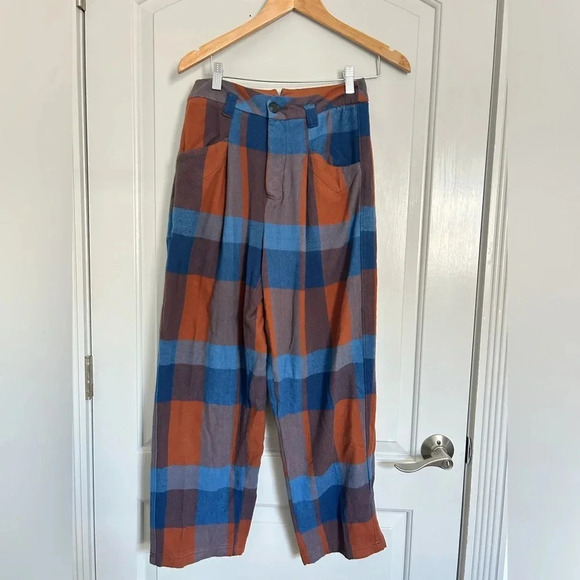Free People Plaid Blue Brown Wide Leg Trouser size 2 NWOT - Picture 2 of 12